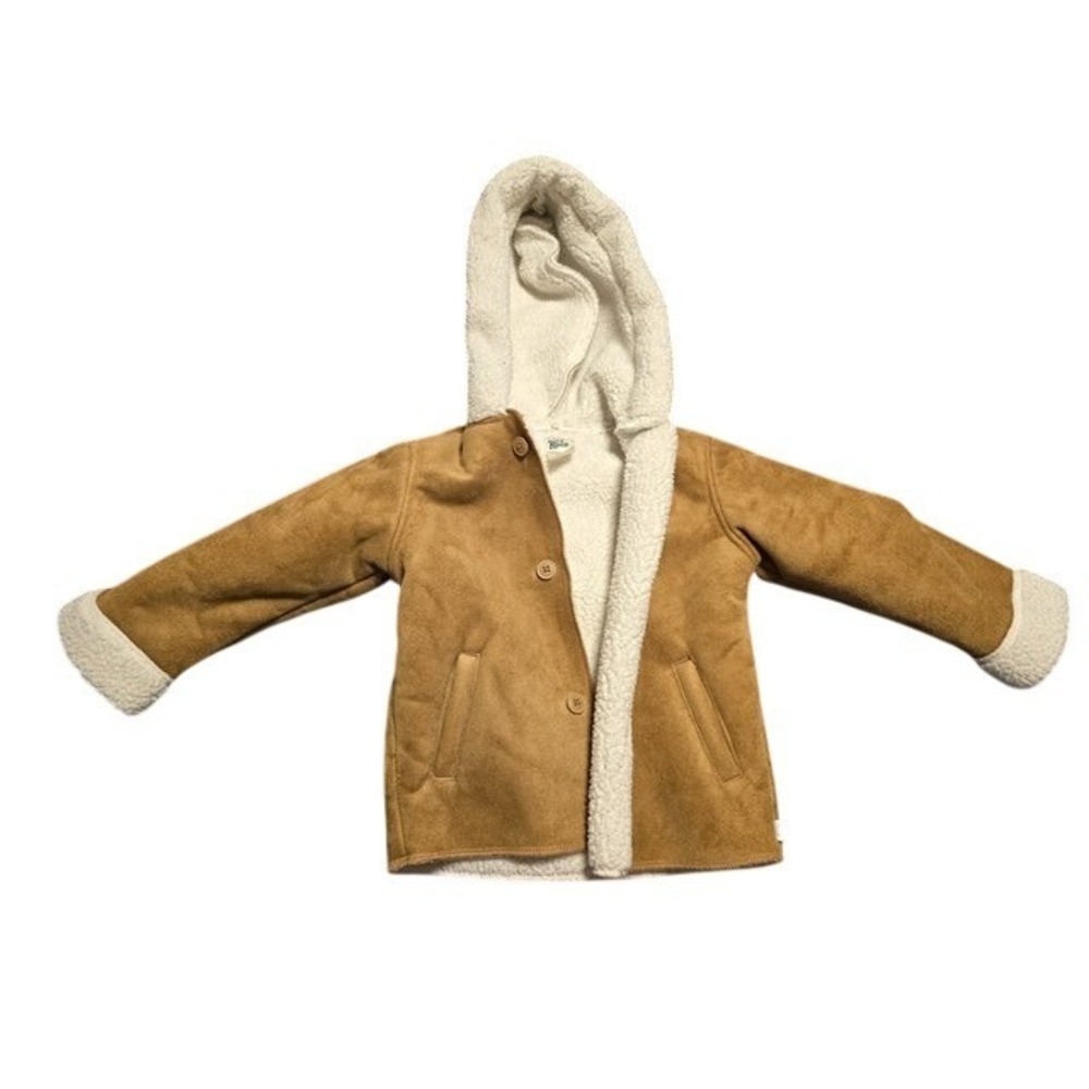 Vintage Toddler Faux Suede Sherpa Lined Hooded Jacket Tan Cream Size 2T-3T